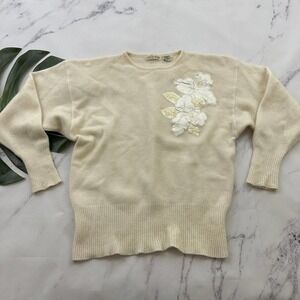 Albee Womens Vintage Pullover Sweater Size M Ivory White Floral Sequins Angora